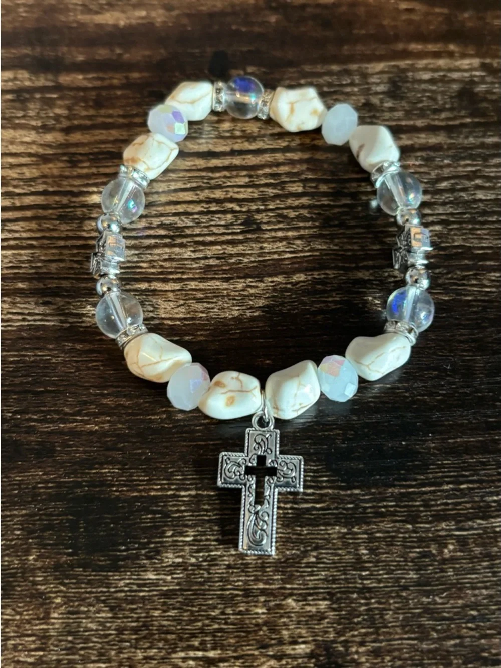 White Howlite Beaded Cross Stretch‎ Bracelet